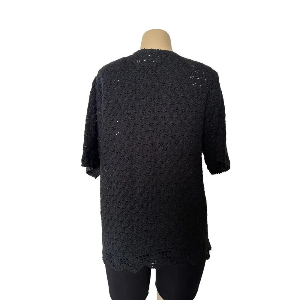 Vintage AGW Division of Graff Black Open Knit Cardigan XL Floral Embroidered - Picture 2 of 11